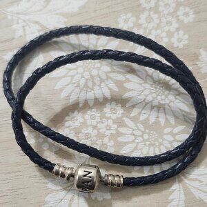Pandora Sterling Silver Navy Blue Leather Double Wrap Charm Bead Bracelet